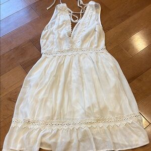 White Lace Trim Flowy Dress with tie back for junior girls